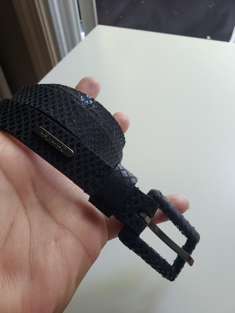 Women's Calvin Klein Black Textured Snake-Embossed Leather Belt